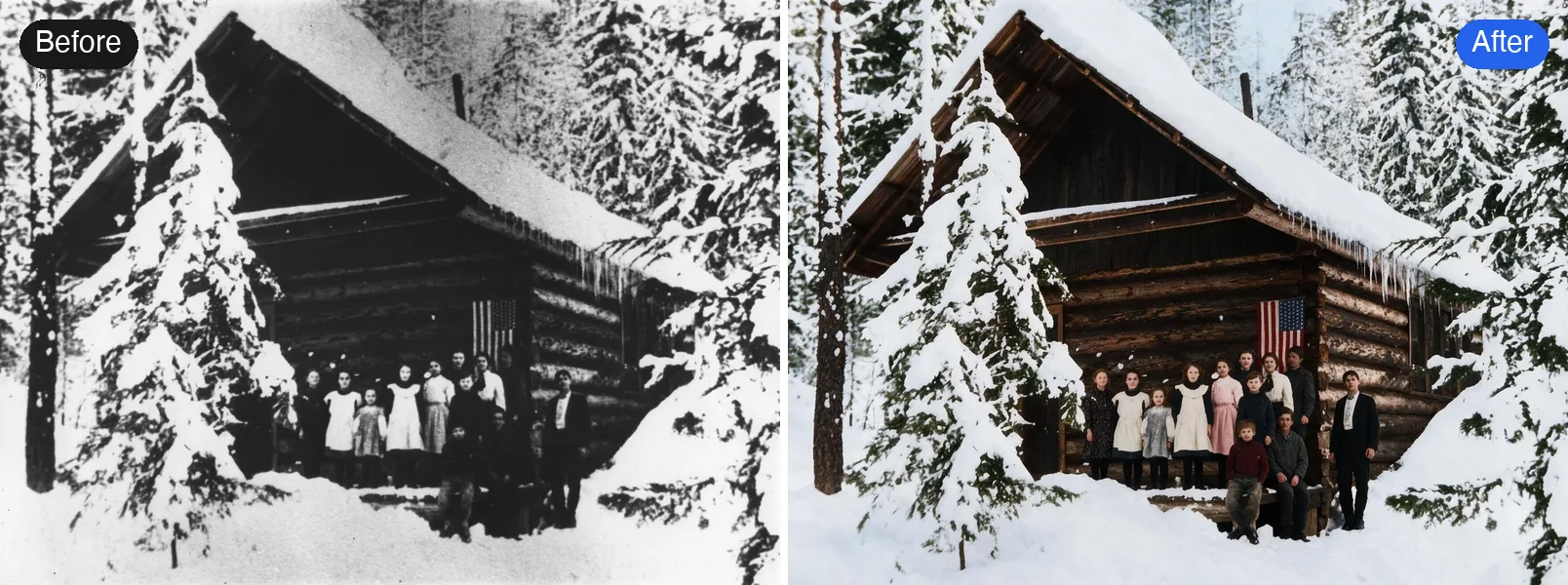 Before and after: a black and white photo of a family in front of a snowy log cabin, colorized with Pro