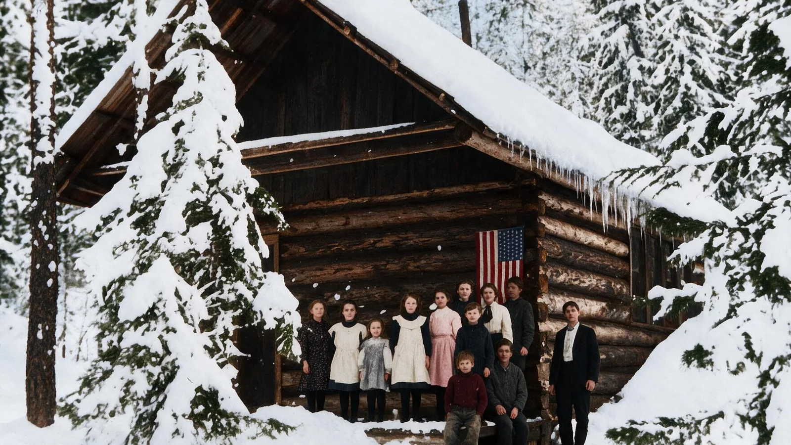 Colorized old photo of a family in front of a snowy log cabin