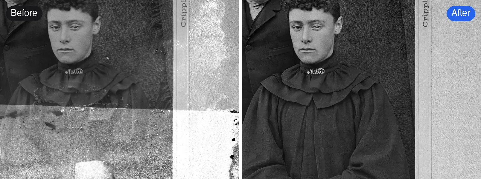 Before and after: a glass-plate portrait of a young woman with the lower half washed out, restored with Pro. The lower part of her dress is the AI's reconstruction