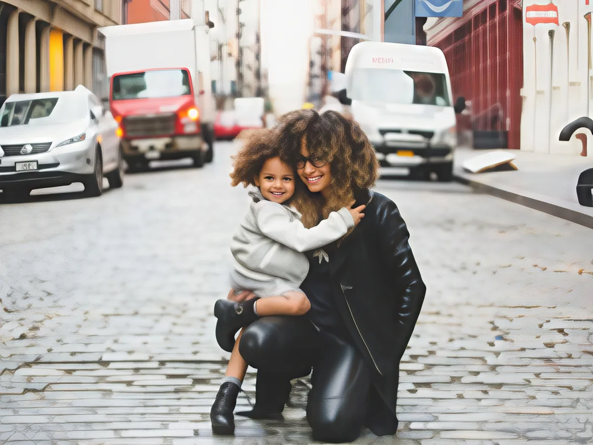 Out-of-focus street photo of a mother and child, After