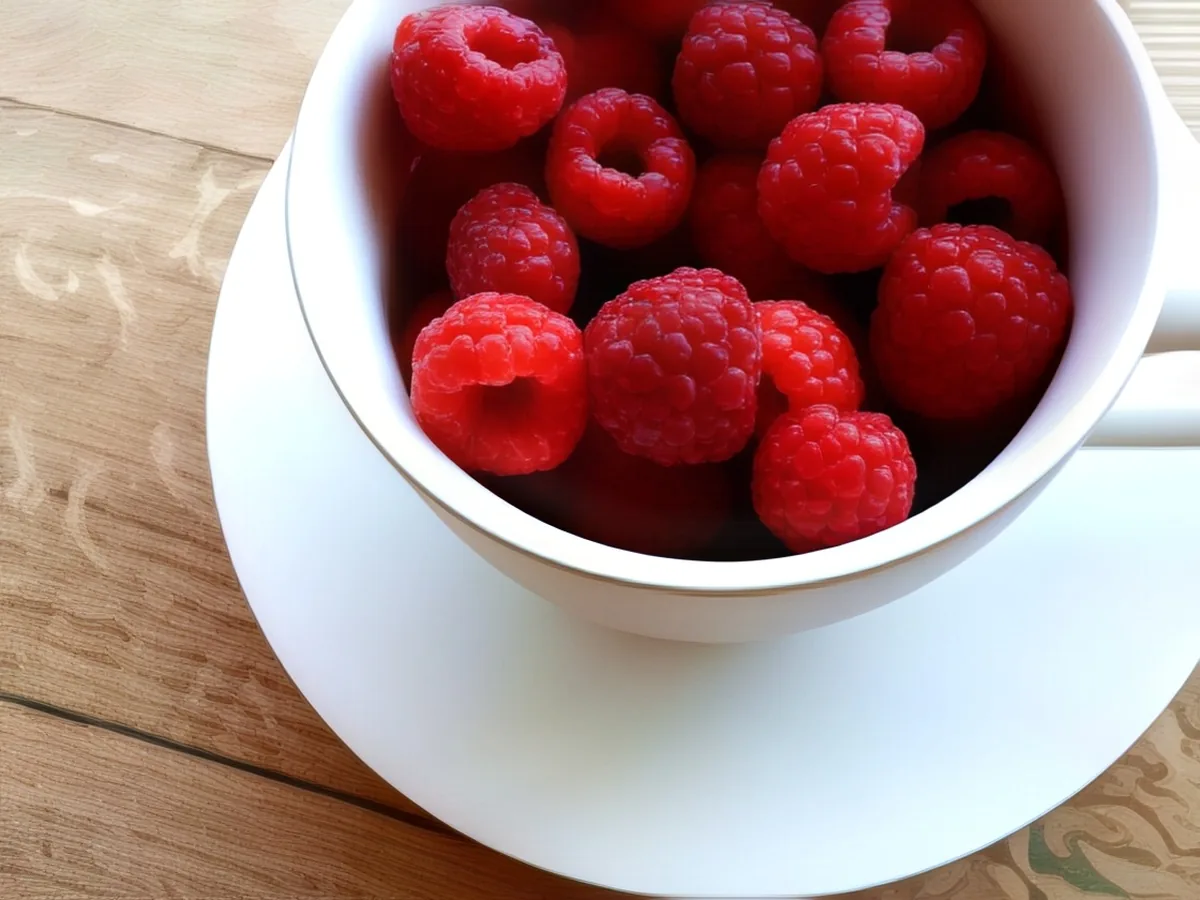 Pixelated photo of raspberries in a cup, after enhancement