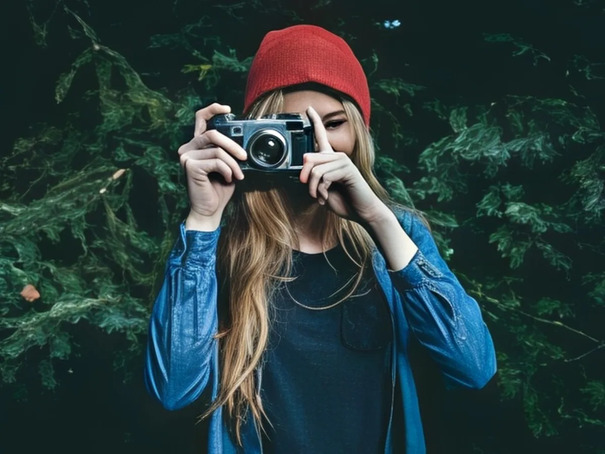 Low-resolution portrait of a woman with a camera